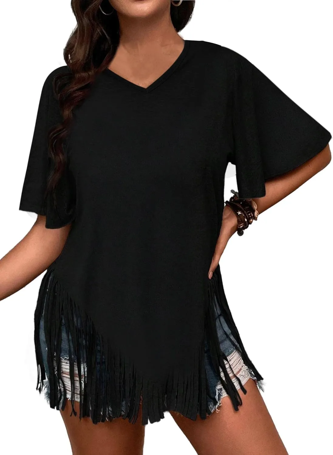 Remidoo Womens Fringe Hem Short Sleeve Round Neck T Shirt Oversized Tee Top