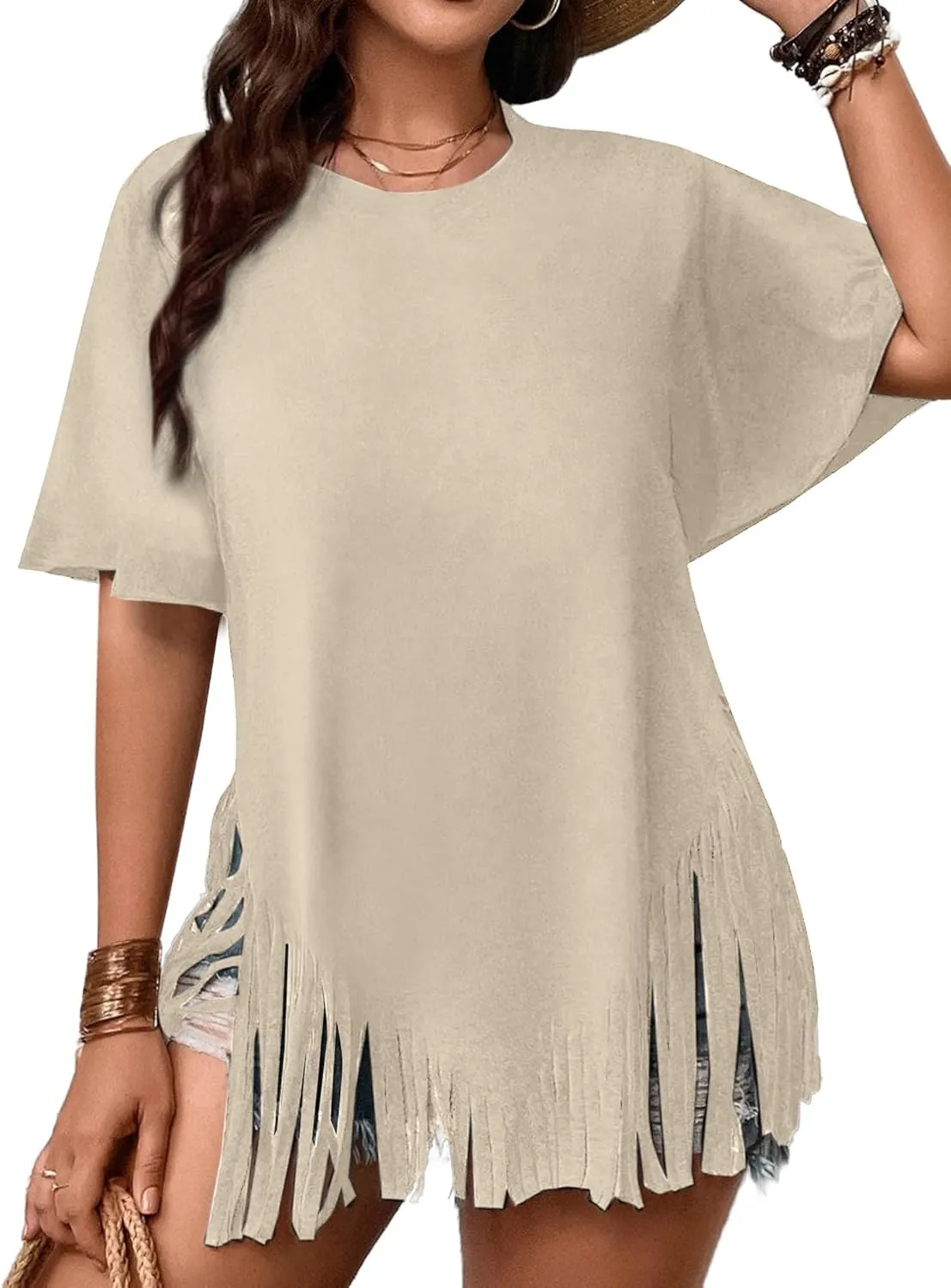 Remidoo Womens Fringe Hem Short Sleeve Round Neck T Shirt Oversized Tee Top