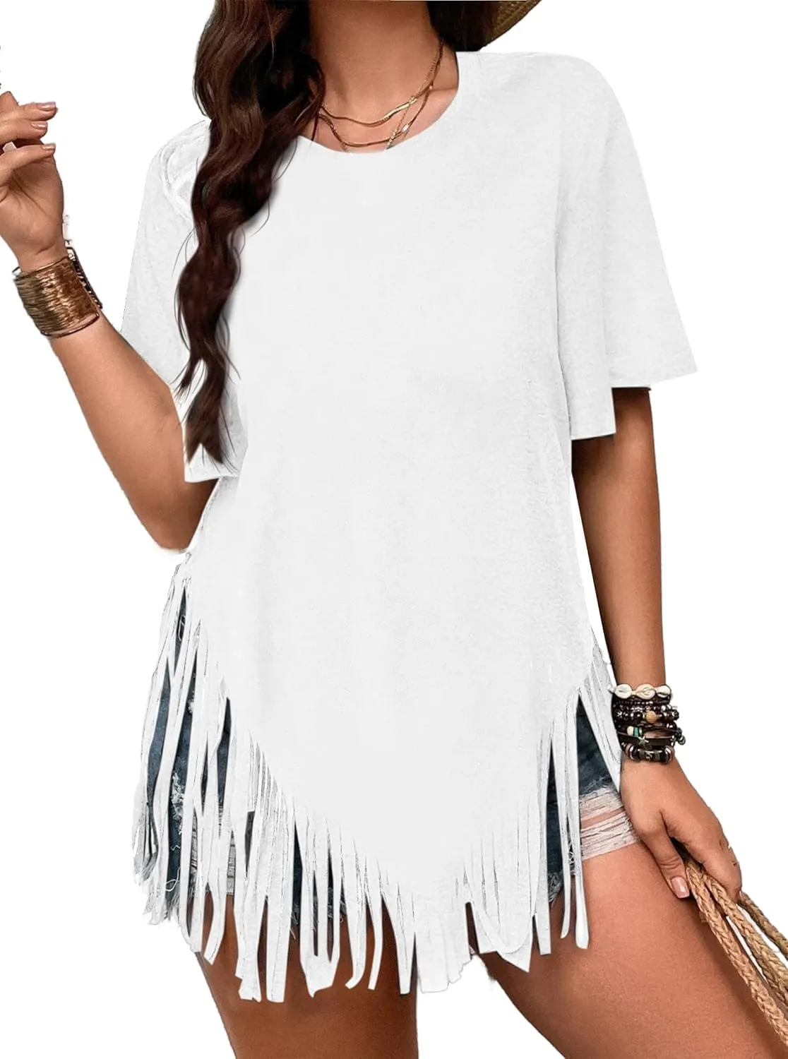 Remidoo Womens Fringe Hem Short Sleeve Round Neck T Shirt Oversized Tee Top