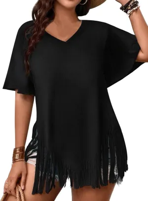 Remidoo Womens Fringe Hem Short Sleeve Round Neck T Shirt Oversized Tee Top