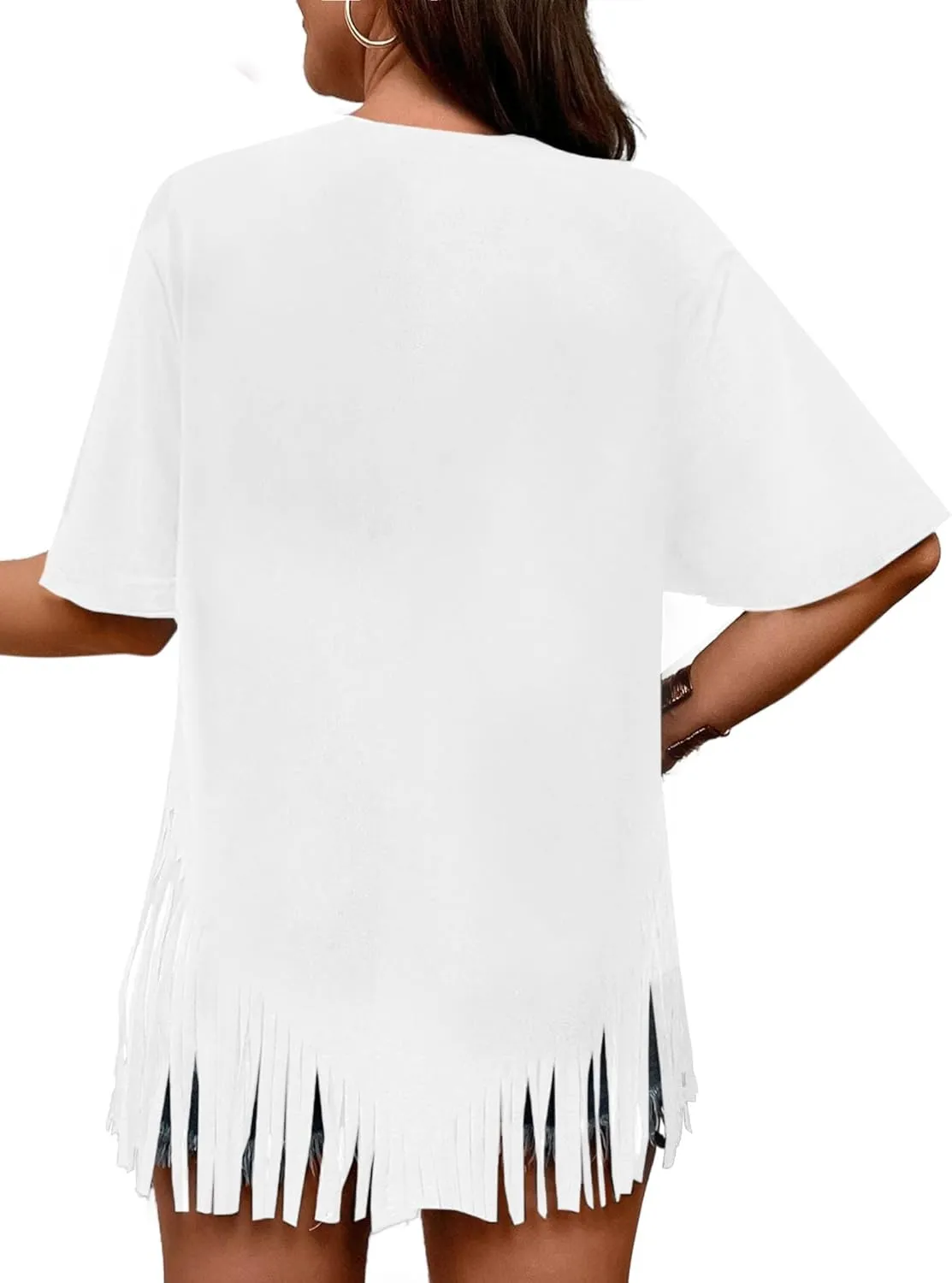 Remidoo Womens Fringe Hem Short Sleeve Round Neck T Shirt Oversized Tee Top