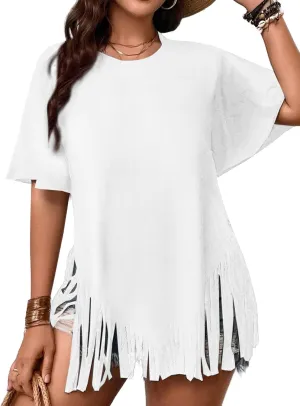 Remidoo Womens Fringe Hem Short Sleeve Round Neck T Shirt Oversized Tee Top