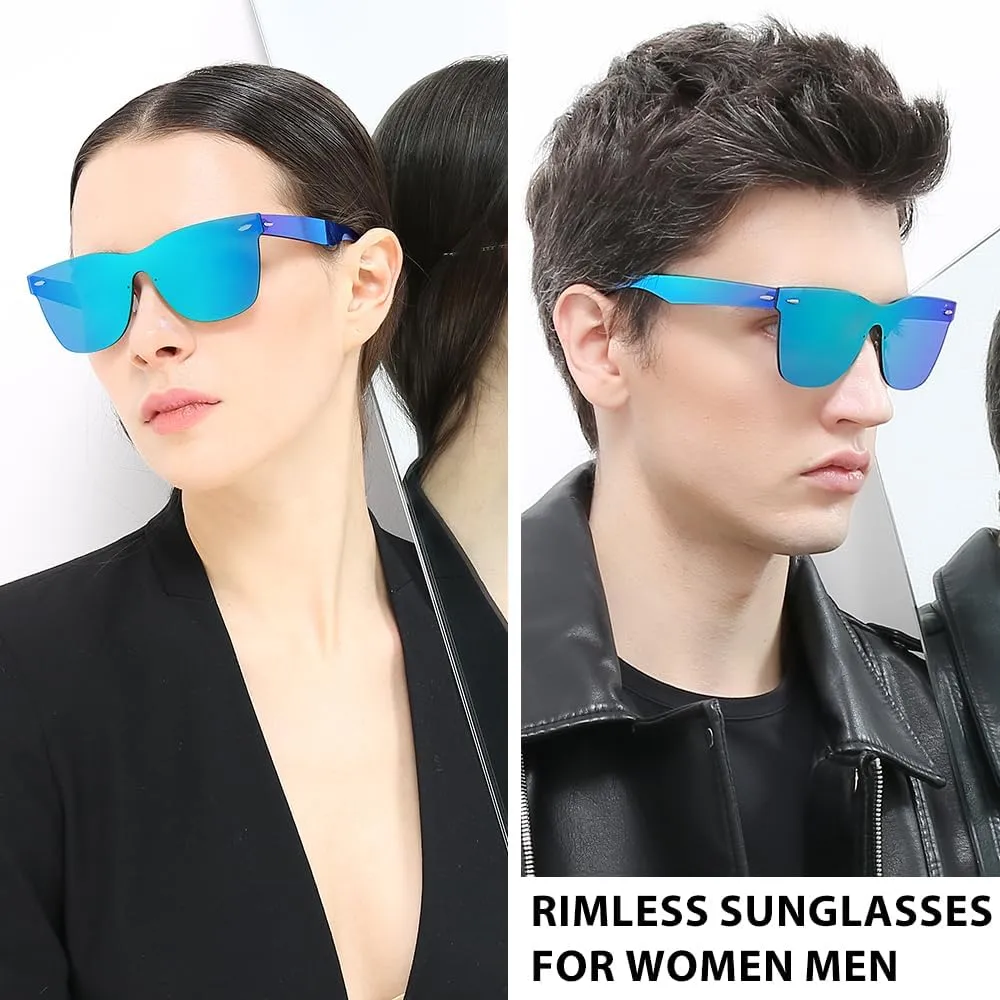 Rimless Sunglasses For Women Men One Piece Square Oversize Mirror Lens Anti Reflective