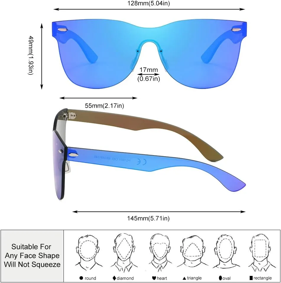 Rimless Sunglasses For Women Men One Piece Square Oversize Mirror Lens Anti Reflective