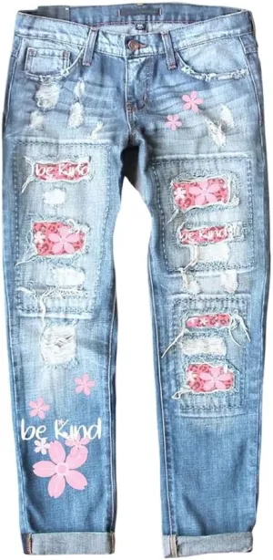 Ripped Jeans for Women Plaid Patch Boyfriend Skinny Distressed Denim Jean Pants