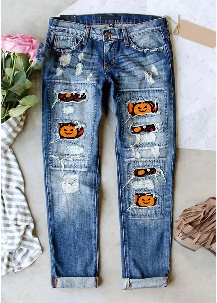 Ripped Jeans for Women Plaid Patch Boyfriend Skinny Distressed Denim Jean Pants