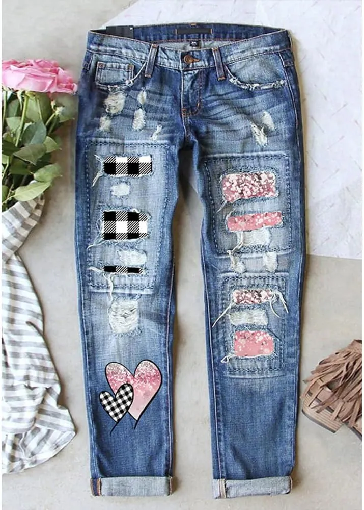 Ripped Jeans for Women Plaid Patch Boyfriend Skinny Distressed Denim Jean Pants