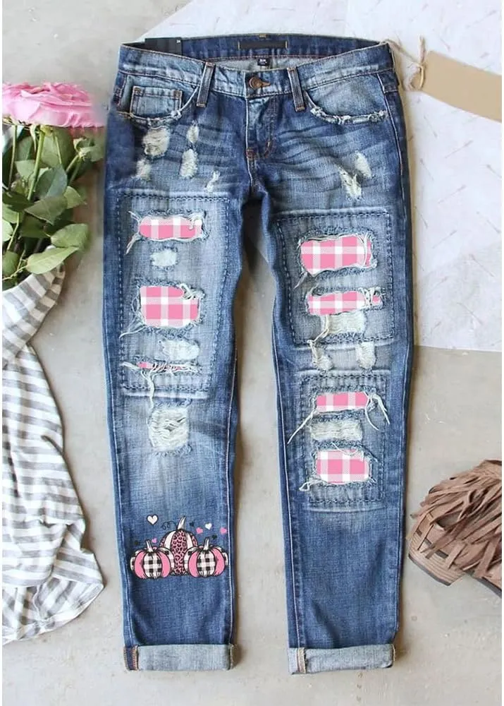 Ripped Jeans for Women Plaid Patch Boyfriend Skinny Distressed Denim Jean Pants