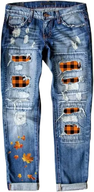 Ripped Jeans for Women Plaid Patch Boyfriend Skinny Distressed Denim Jean Pants