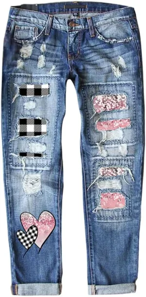 Ripped Jeans for Women Plaid Patch Boyfriend Skinny Distressed Denim Jean Pants