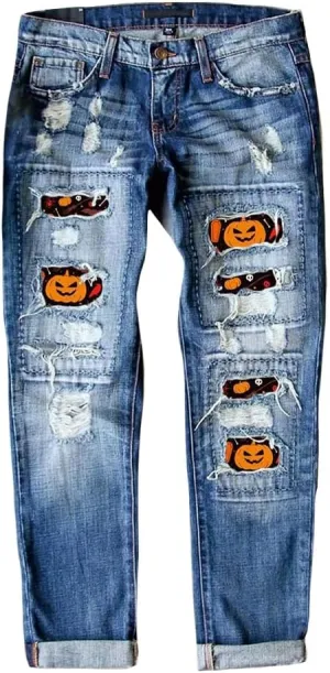 Ripped Jeans for Women Plaid Patch Boyfriend Skinny Distressed Denim Jean Pants