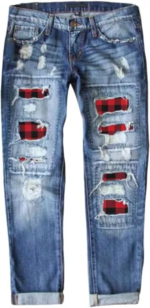 Ripped Jeans for Women Plaid Patch Boyfriend Skinny Distressed Denim Jean Pants