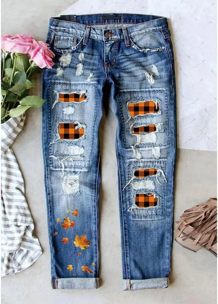 Ripped Jeans for Women Plaid Patch Boyfriend Skinny Distressed Denim Jean Pants