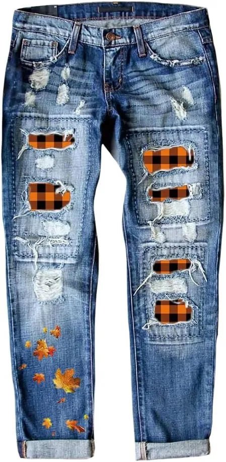 Ripped Jeans for Women Plaid Patch Boyfriend Skinny Distressed Denim Jean Pants