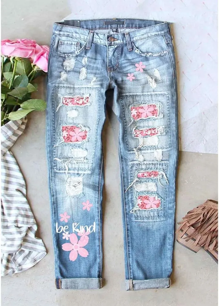 Ripped Jeans for Women Plaid Patch Boyfriend Skinny Distressed Denim Jean Pants