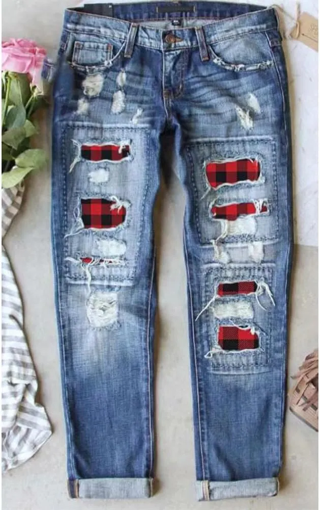 Ripped Jeans for Women Plaid Patch Boyfriend Skinny Distressed Denim Jean Pants