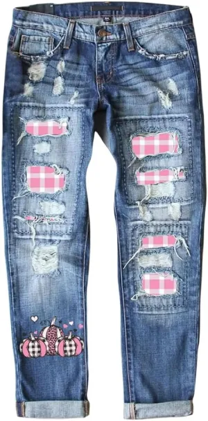 Ripped Jeans for Women Plaid Patch Boyfriend Skinny Distressed Denim Jean Pants