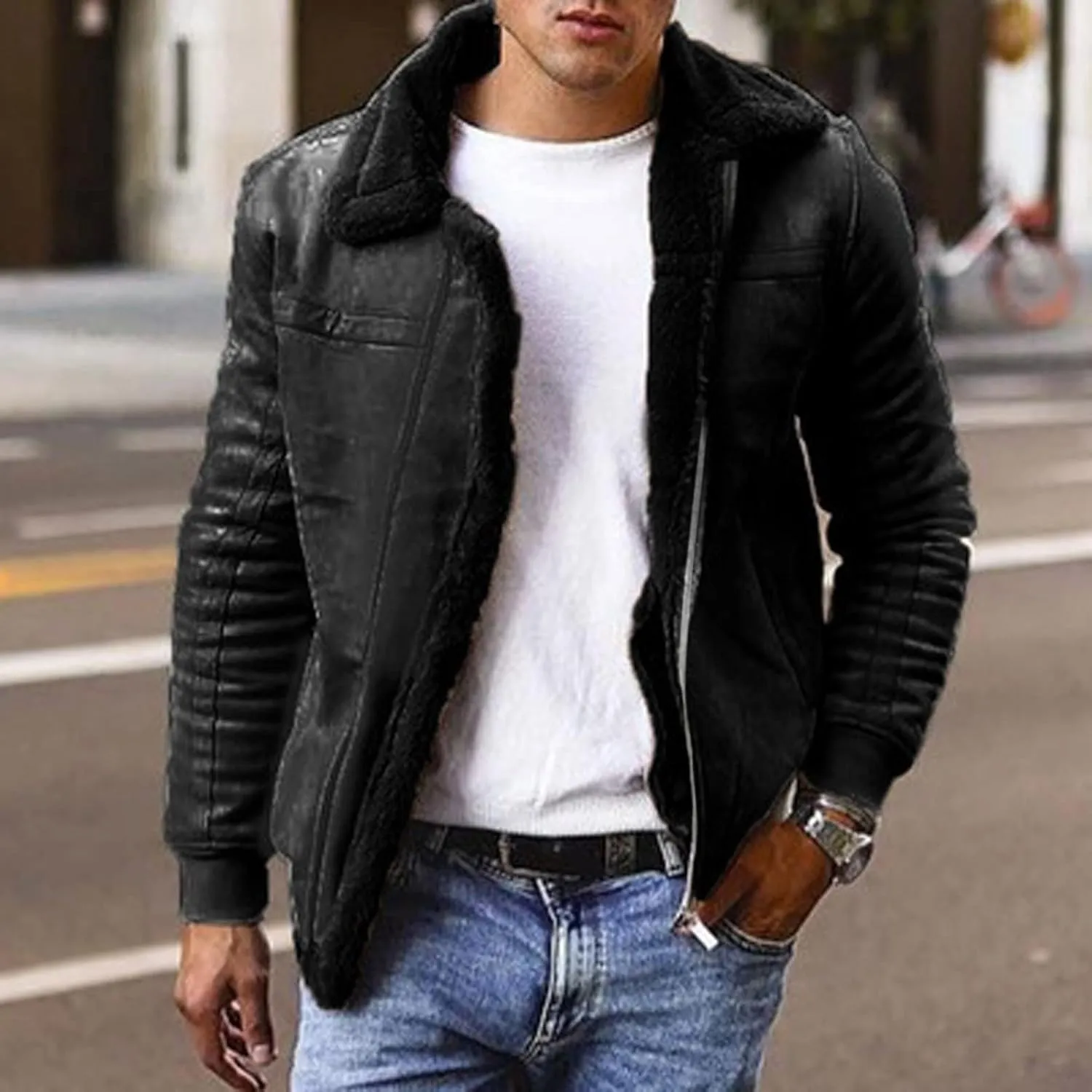 Sherpa Fleece Lined Trucker Jackets for Men Faux Suede Bomber Jackets with Fur Collar Big and Tall Flight Jackets