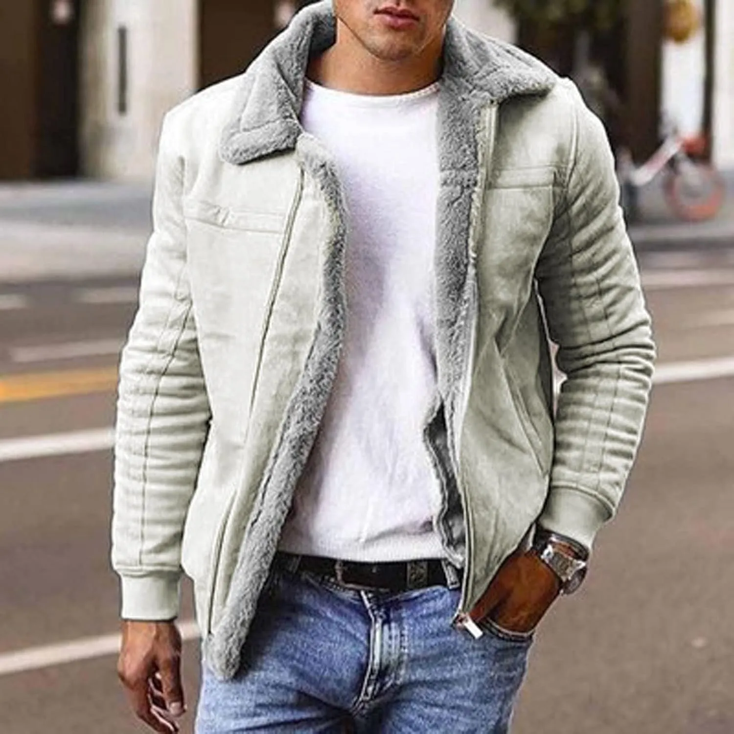 Sherpa Fleece Lined Trucker Jackets for Men Faux Suede Bomber Jackets with Fur Collar Big and Tall Flight Jackets