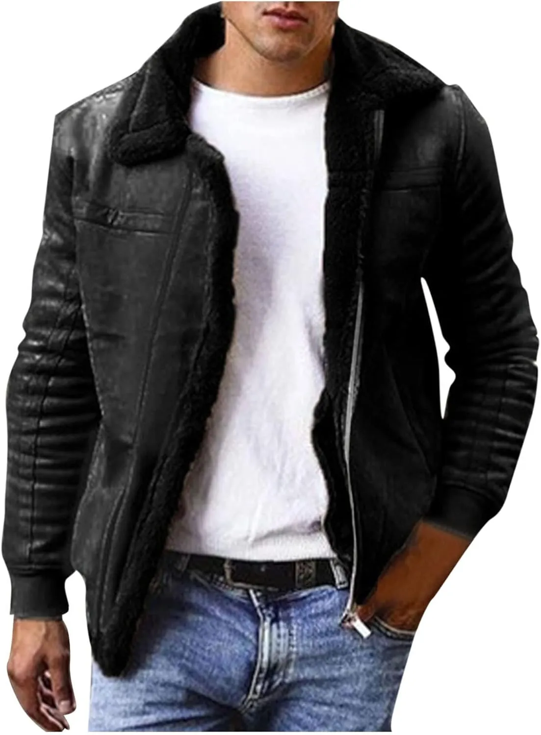 Sherpa Fleece Lined Trucker Jackets for Men Faux Suede Bomber Jackets with Fur Collar Big and Tall Flight Jackets
