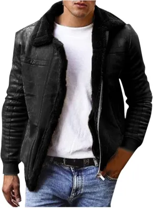 Sherpa Fleece Lined Trucker Jackets for Men Faux Suede Bomber Jackets with Fur Collar Big and Tall Flight Jackets