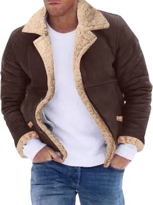 Sherpa Lined Bomber Jackets for Men Lapel Collar Zip Up Faux Suede Jackets with Pockets Big and Tall Flight Jackets