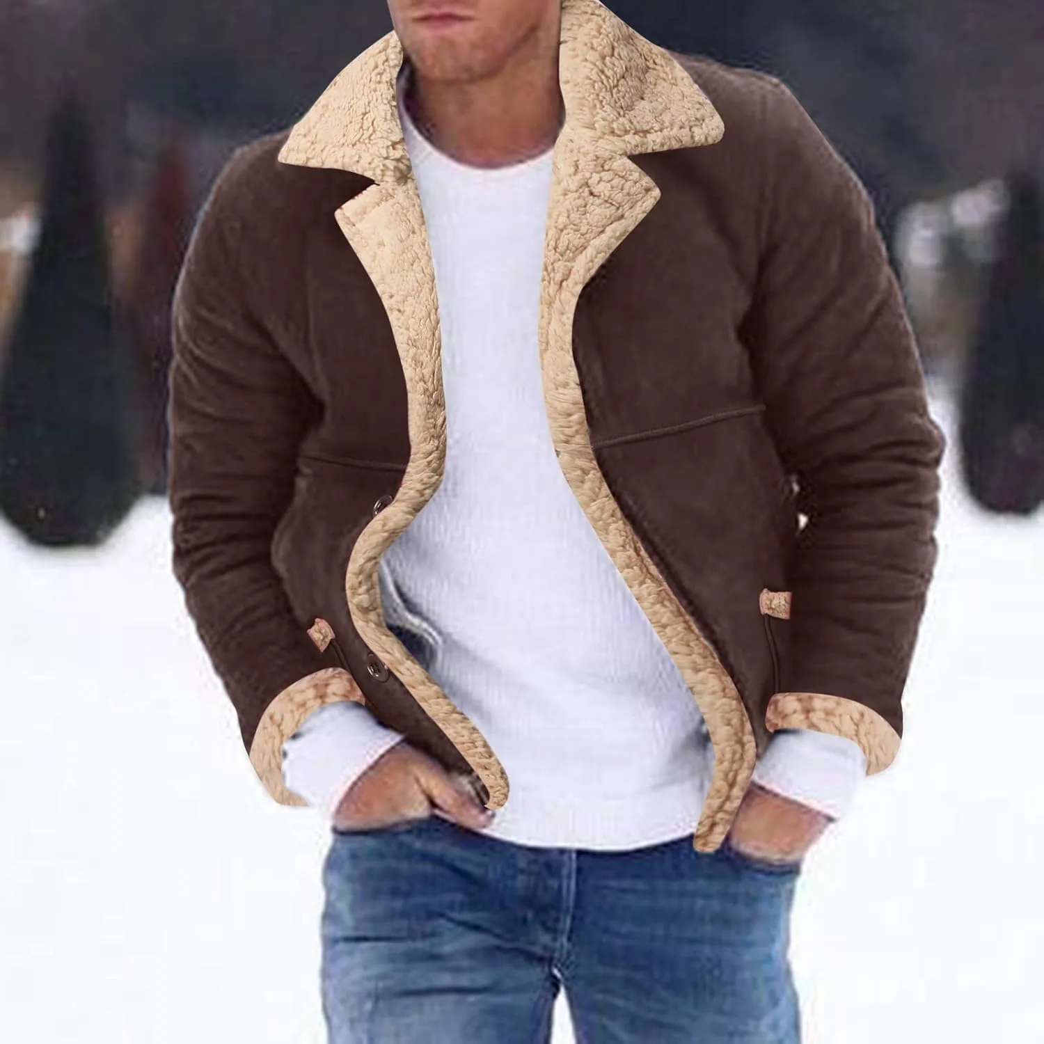 Sherpa Lined Bomber Jackets for Men Lapel Collar Zip Up Faux Suede Jackets with Pockets Big and Tall Flight Jackets
