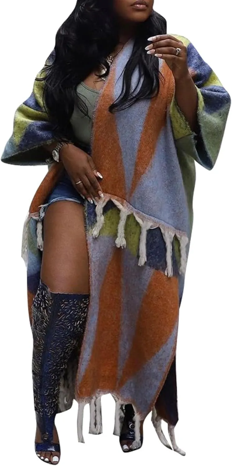 SHINFY Women's Fuzzy Long Cardigans Open Front Chunky Knit Color Block Tassel Fringe Duster Cardigan Sweater