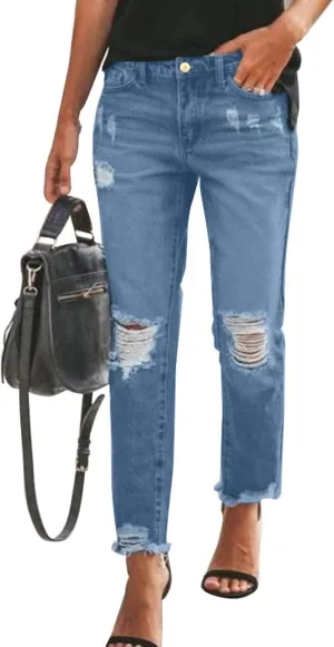 Sidefeel Women's Boyfriend Jeans Stretchy Ripped Distressed Zimbaplatinum Denim Pants Size 4-18