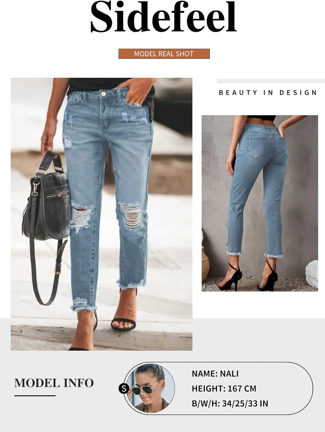 Sidefeel Women's Boyfriend Jeans Stretchy Ripped Distressed Zimbaplatinum Denim Pants Size 4-18