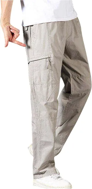 Sinzelimin Men's Cotton Cargo Pants Fashion Solid Color Plus Size Multi-Pockets Loose Comfy Elastic Waist Sweatpant Trousers