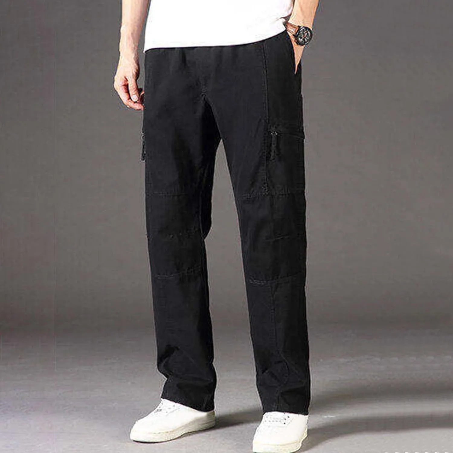 Sinzelimin Men's Cotton Cargo Pants Fashion Solid Color Plus Size Multi-Pockets Loose Comfy Elastic Waist Sweatpant Trousers
