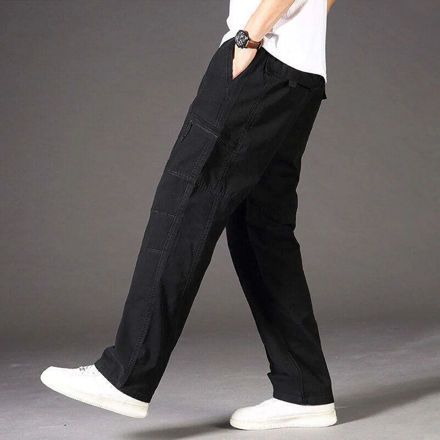 Sinzelimin Men's Cotton Cargo Pants Fashion Solid Color Plus Size Multi-Pockets Loose Comfy Elastic Waist Sweatpant Trousers