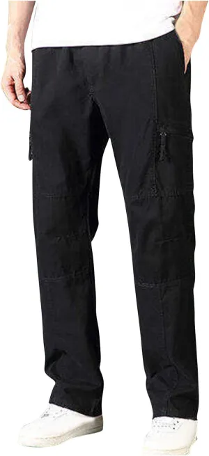 Sinzelimin Men's Cotton Cargo Pants Fashion Solid Color Plus Size Multi-Pockets Loose Comfy Elastic Waist Sweatpant Trousers