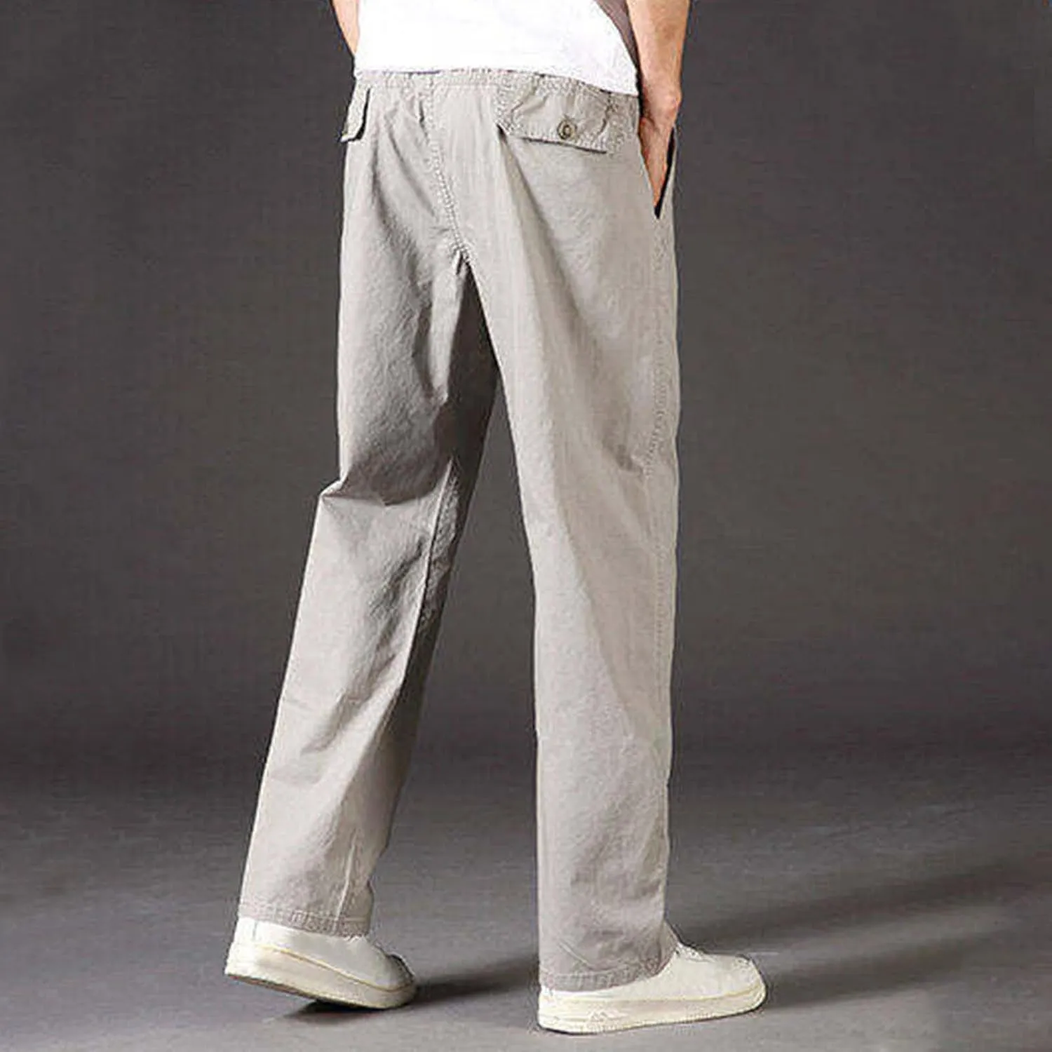 Sinzelimin Men's Cotton Cargo Pants Fashion Solid Color Plus Size Multi-Pockets Loose Comfy Elastic Waist Sweatpant Trousers