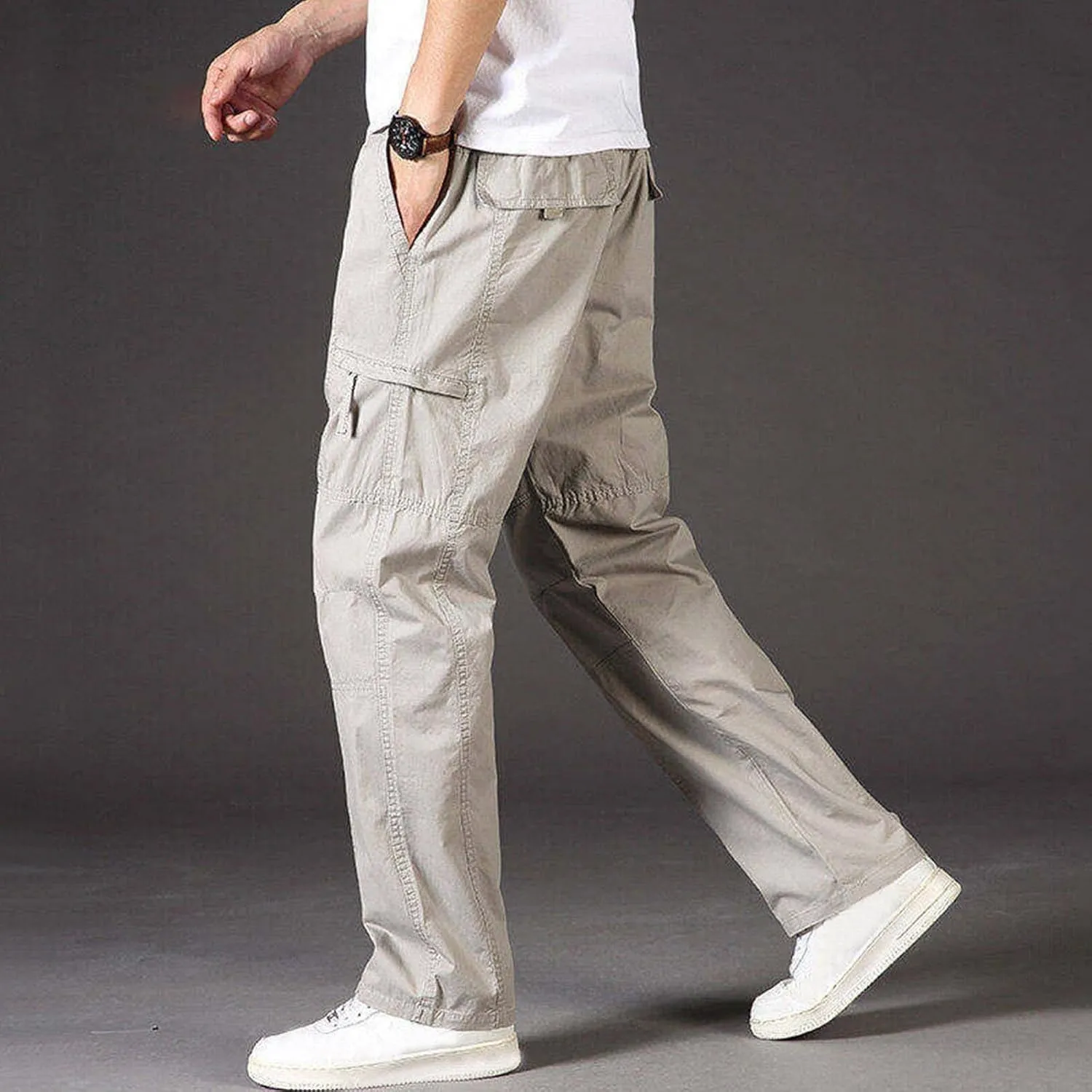 Sinzelimin Men's Cotton Cargo Pants Fashion Solid Color Plus Size Multi-Pockets Loose Comfy Elastic Waist Sweatpant Trousers
