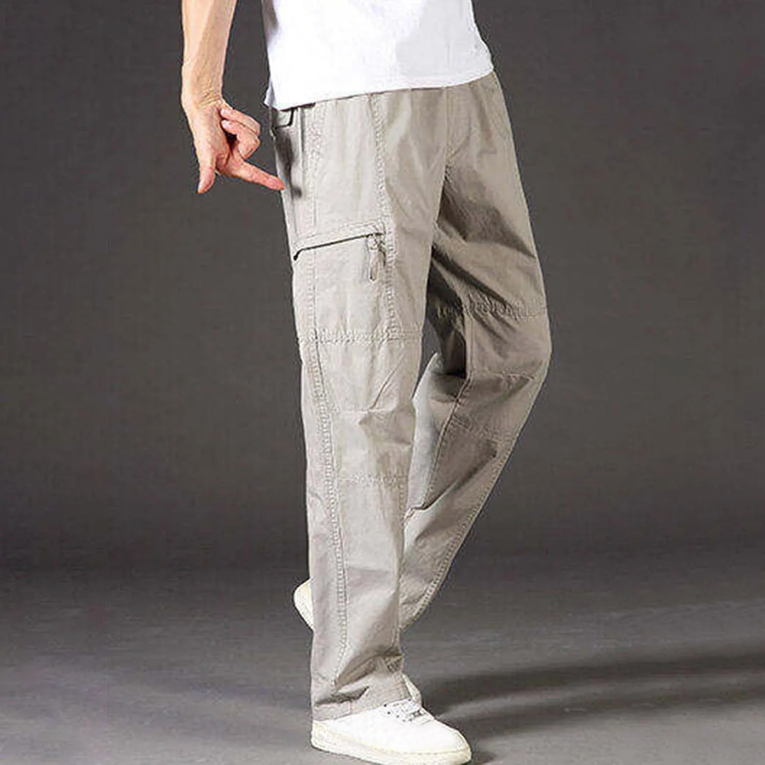 Sinzelimin Men's Cotton Cargo Pants Fashion Solid Color Plus Size Multi-Pockets Loose Comfy Elastic Waist Sweatpant Trousers