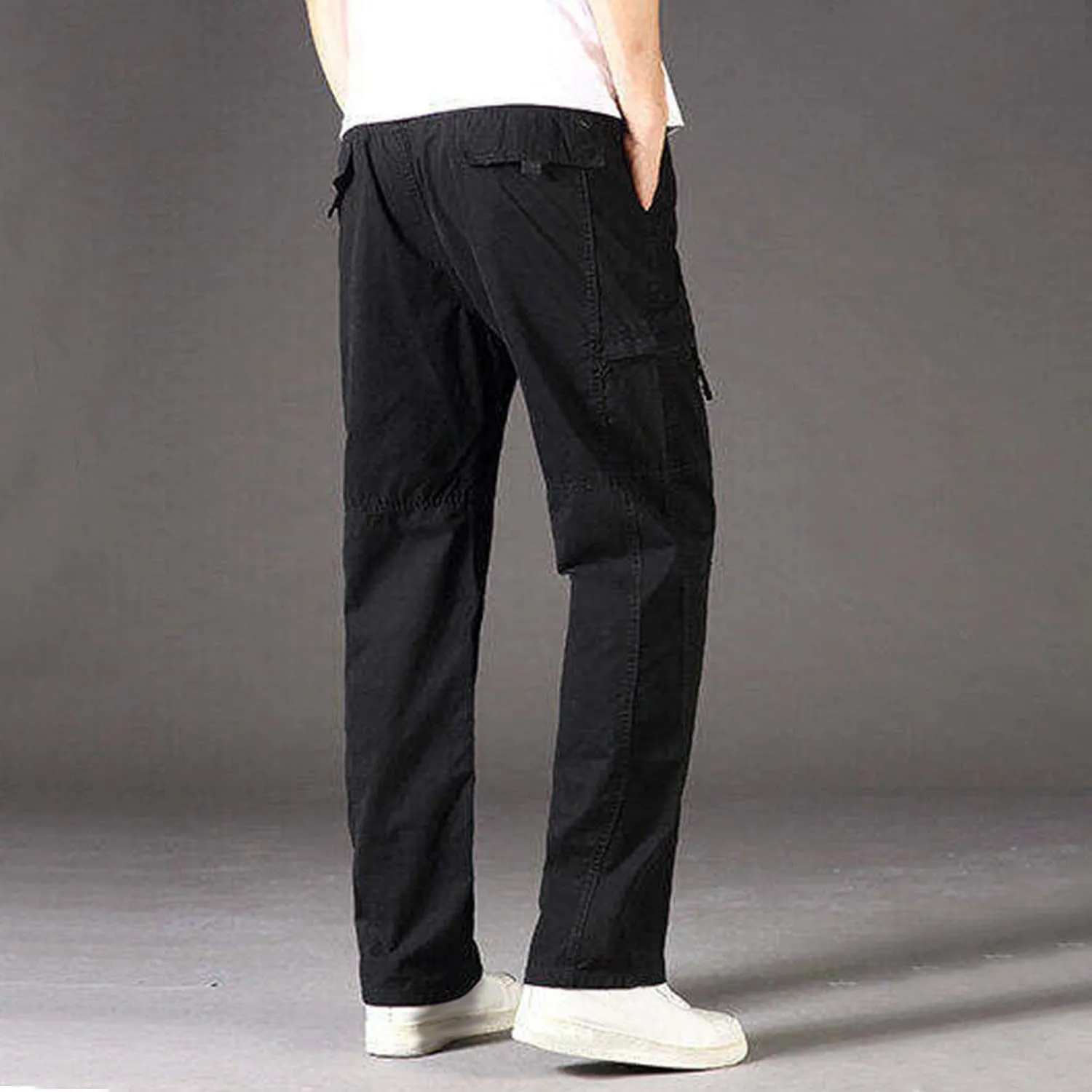 Sinzelimin Men's Cotton Cargo Pants Fashion Solid Color Plus Size Multi-Pockets Loose Comfy Elastic Waist Sweatpant Trousers