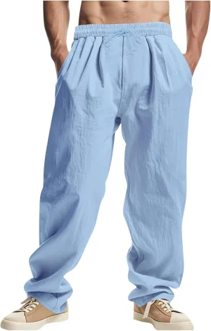 Sinzelimin Men's Cotton Linen Pants Drawstring Elastic Waist Baggy Casual Comfy Wide Leg Sweatpant Summer Beach Trouser