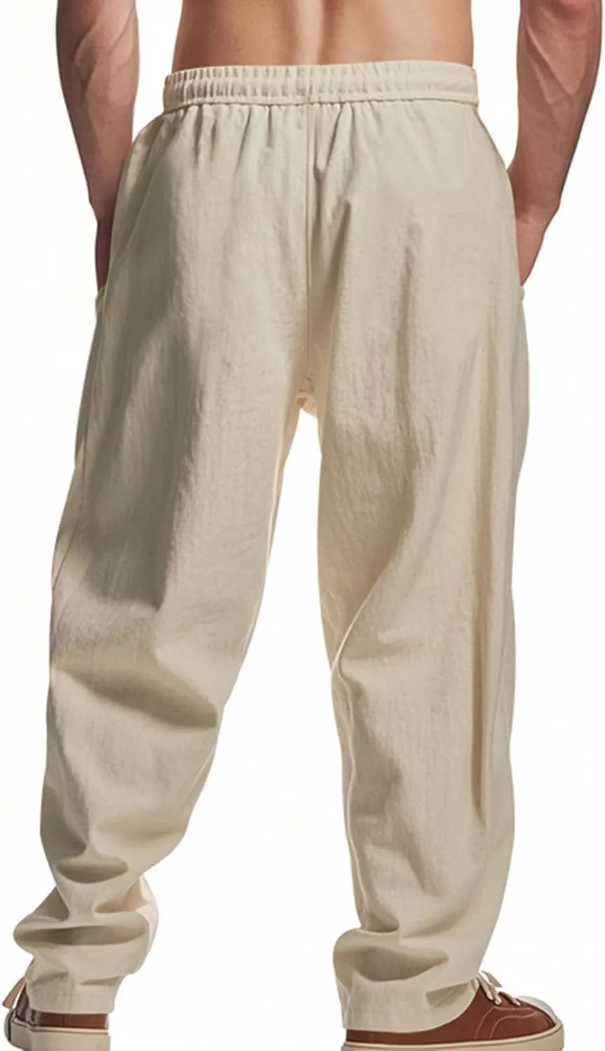 Sinzelimin Men's Cotton Linen Pants Drawstring Elastic Waist Baggy Casual Comfy Wide Leg Sweatpant Summer Beach Trouser