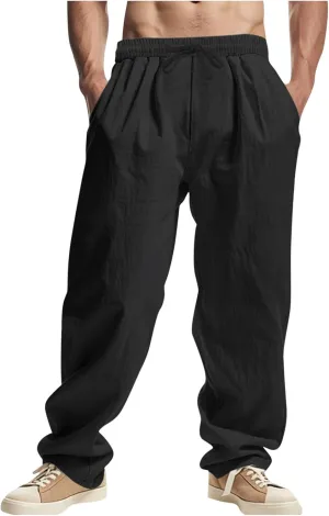 Sinzelimin Men's Cotton Linen Pants Drawstring Elastic Waist Baggy Casual Comfy Wide Leg Sweatpant Summer Beach Trouser