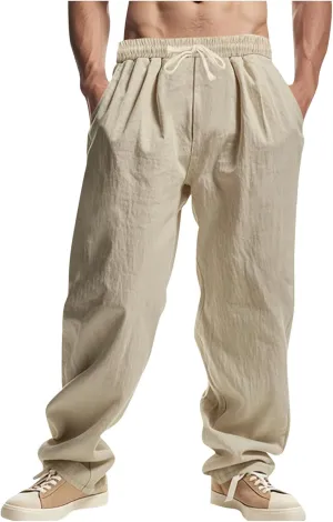 Sinzelimin Men's Cotton Linen Pants Drawstring Elastic Waist Baggy Casual Comfy Wide Leg Sweatpant Summer Beach Trouser