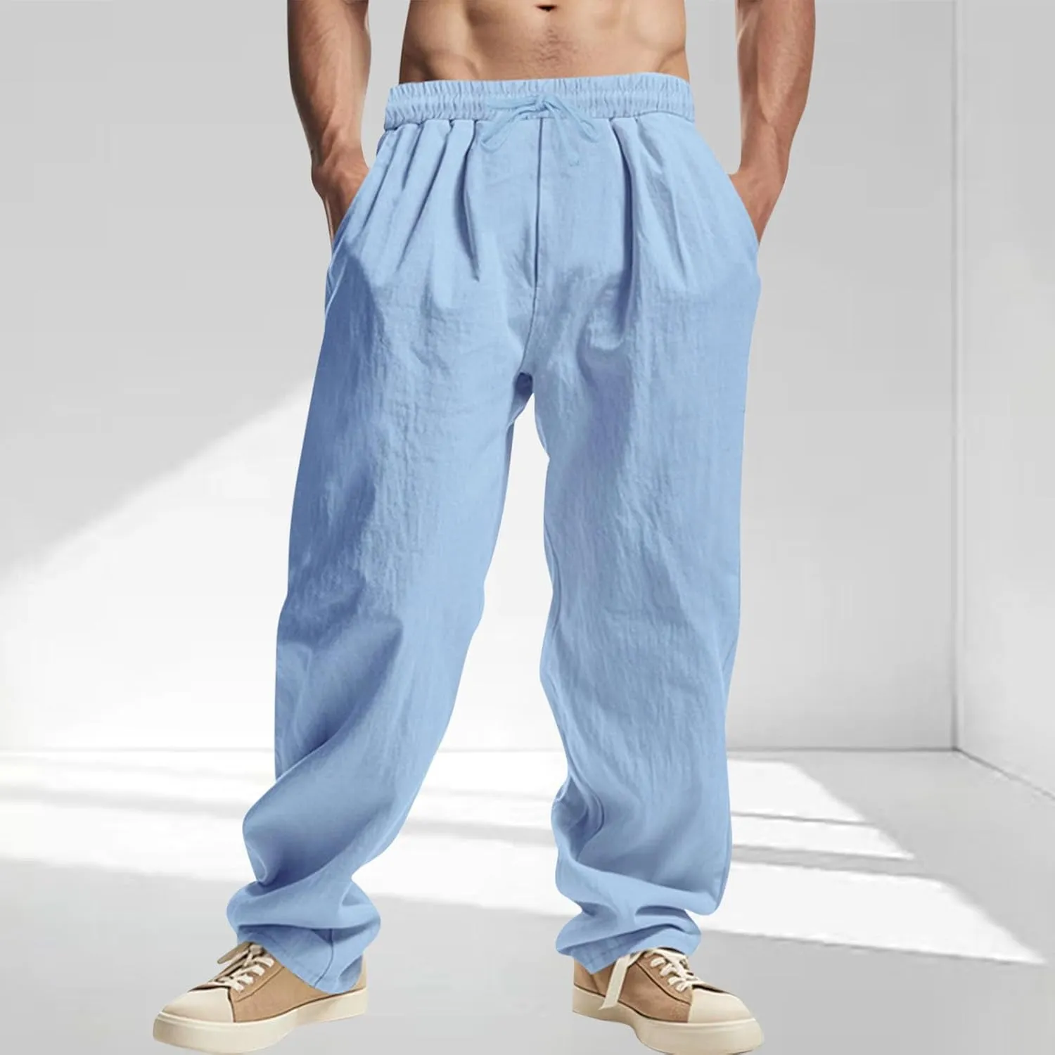Sinzelimin Men's Cotton Linen Pants Drawstring Elastic Waist Baggy Casual Comfy Wide Leg Sweatpant Summer Beach Trouser