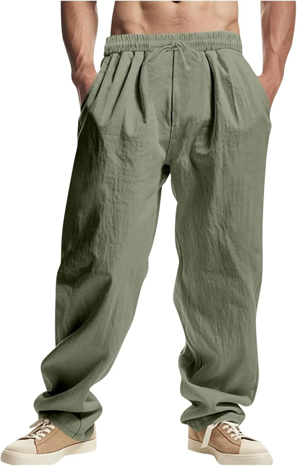 Sinzelimin Men's Cotton Linen Pants Drawstring Elastic Waist Baggy Casual Comfy Wide Leg Sweatpant Summer Beach Trouser