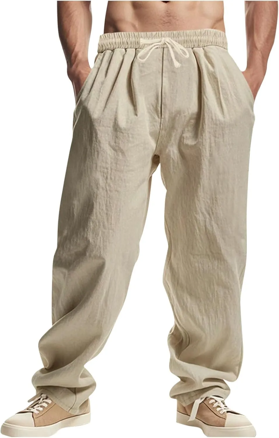 Sinzelimin Men's Cotton Linen Pants Drawstring Elastic Waist Baggy Casual Comfy Wide Leg Sweatpant Summer Beach Trouser