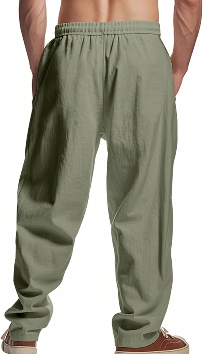 Sinzelimin Men's Cotton Linen Pants Drawstring Elastic Waist Baggy Casual Comfy Wide Leg Sweatpant Summer Beach Trouser