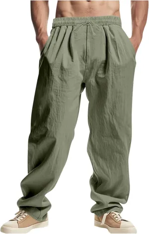 Sinzelimin Men's Cotton Linen Pants Drawstring Elastic Waist Baggy Casual Comfy Wide Leg Sweatpant Summer Beach Trouser