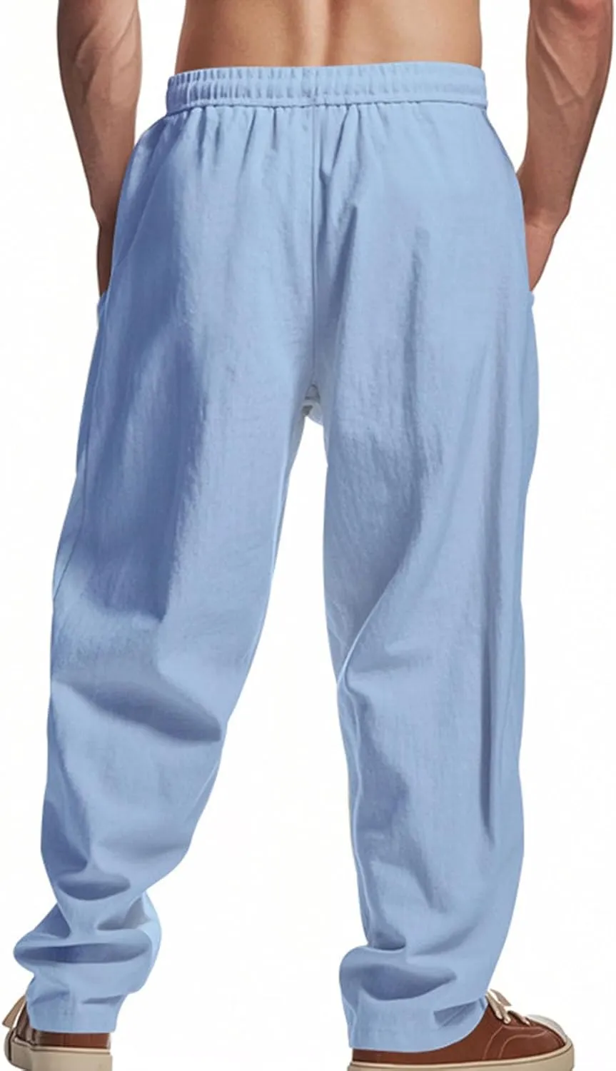 Sinzelimin Men's Cotton Linen Pants Drawstring Elastic Waist Baggy Casual Comfy Wide Leg Sweatpant Summer Beach Trouser