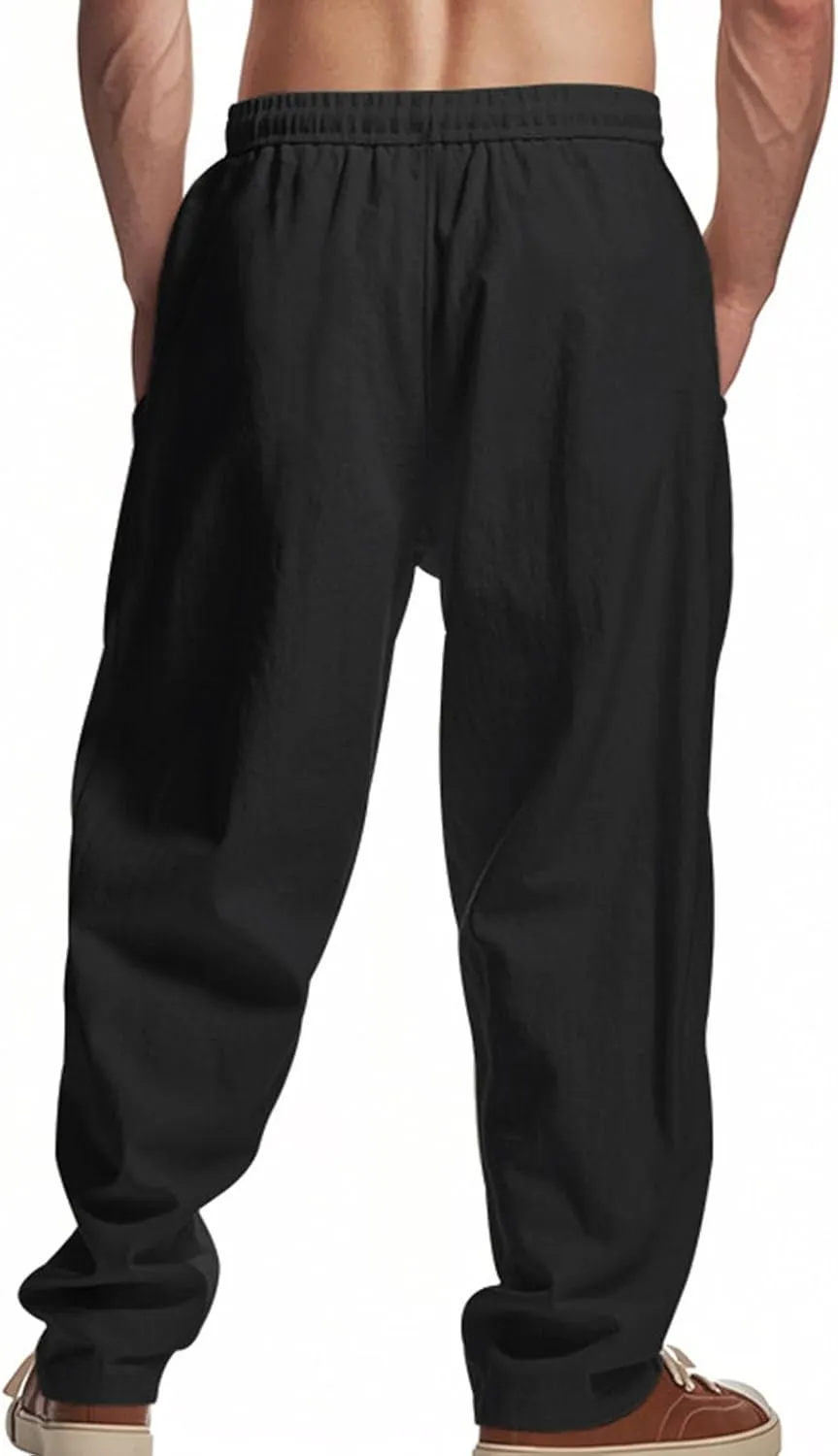 Sinzelimin Men's Cotton Linen Pants Drawstring Elastic Waist Baggy Casual Comfy Wide Leg Sweatpant Summer Beach Trouser