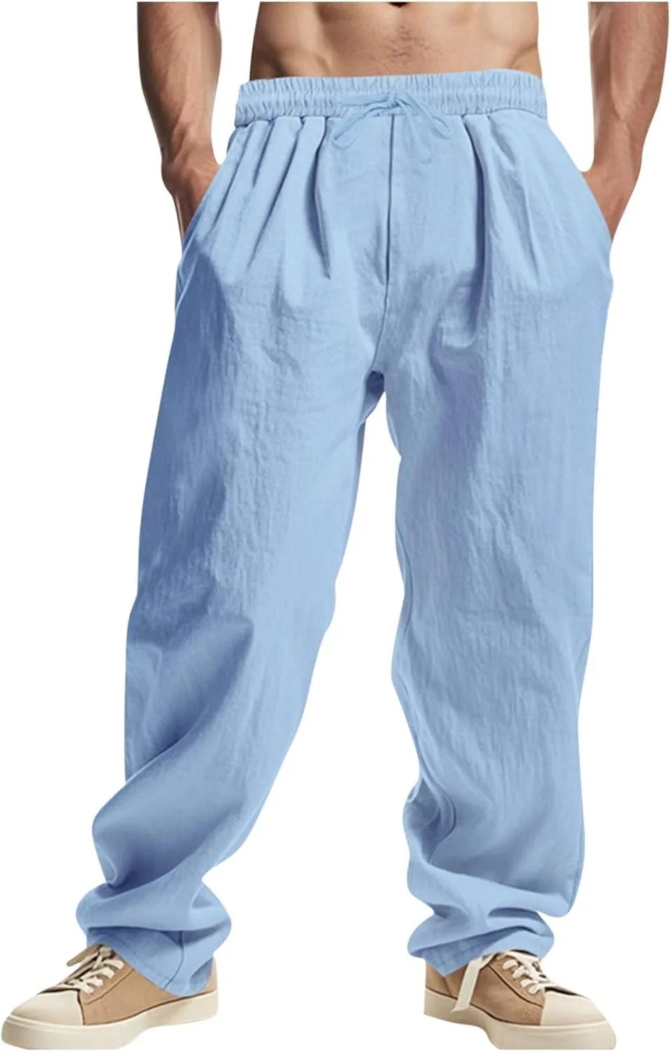Sinzelimin Men's Cotton Linen Pants Drawstring Elastic Waist Baggy Casual Comfy Wide Leg Sweatpant Summer Beach Trouser